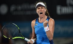 Johanna Konta celebrates beating Eugenie Bouchard in their semi-final match at the Sydney International