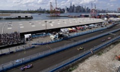 Formula E Qualcomm New York City ePrix<br>Competing cars race around the track with the Manhattan skyline and One World Trade center in view at the Formula E all-electric New City ePrix on July 15, 2017 in New York City. Saturday and Sunday the Brooklyn waterfront with a view of the Statue of Liberty was transformed into a racetrack for the Formula E Championship series. PHOTOGRAPH BY UPI / Barcroft Images London-T:+44 207 033 1031 E:hello@barcroftmedia.com - New York-T:+1 212 796 2458 E:hello@barcroftusa.com - New Delhi-T:+91 11 4053 2429 E:hello@barcroftindia.com www.barcroftimages.com