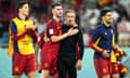 The Spain manager, Luis Enrique, congratulates his Spain team after their 7-0 defeat of Costa Rica