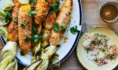 Joe Woodhouse's elotes: corn rolled in mayo, then parmesan, and garnished with coriander and lime.