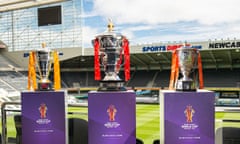 Rugby League World Cup Trophies. Newcastle, UK - 16 Jul 2020<br>Mandatory Credit: Photo by Allan McKenzie/SWpix.com/REX/Shutterstock (10717789c) l to r Wheelchair, Men’s and Women’s Rugby League World Cup Trophies. Newcastle, UK - 16 Jul 2020