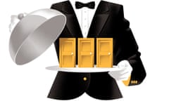 Illustration of a waiter with a plate offering a choice of doors