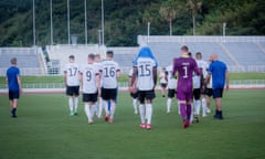 The Germany players leave the pitch after Jordan Torunarigha was racially abused 5 minutes before the end of the game with the score at 1-1. The Germany team were playing against Honduras in a pre Olympic warm up match 17/07/2021. Image taken from the English twitter feed of the German National Football Team (@DFB_Team_EN)