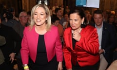 Sinn Féin vice-president Michelle O’Neill (left) and president Mary Lou McDonald at Belfast City Hall as the election count continued.