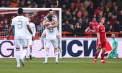 Jack Harrison celebrates giving Leeds a 1-0 lead against Accrington.