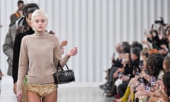 Actor and model Emma Corrin wears Miu Miu’s glittery knickers on the runway at this year’s Paris fashion week