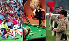 (From left) Bayern Munich’s Stefan Effenberg looks dejected after a Manchester United goal during the 1999 Champions League final; Jimmy White looks on with Stephen Hendry at the table in the 1994 World Championship final; a course steward waves a red flag after the second false start of the 1993 Grand National.