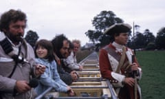 Stanley Kubrick with the cast and crew during shooting, 1975.