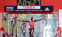 Virgin Money London Marathon<br>LONDON, ENGLAND - APRIL 13:  Wilson Kipsang of Kenya crosses the finish line to win the men's elite race at the Virgin London Marathon on April 13, 2014 in London, England. (Photo by Tom Dulat/Getty Images)