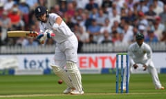 Ollie Pope hits to square leg during his innings of 61 