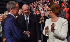 Former prime ministers Paul Keating and Julia Gillard greet the leader of the opposition, Bill Shorten at the Labor campaign launch.