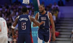 Anthony Edwards and Kevin Durant celebrate during the United States’ 110-84 win over Serbia.