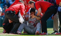 Los Angeles Angels of Anaheim v Seattle Mariners<br>SEATTLE, WA - SEPTEMBER 04: Starting pitcher Matt Shoemaker #52 of the Los Angeles Angels of Anaheim is helped off the field after being hit in the head with a batted ball off the bat of Kyle Seager of the Seattle Mariners in the second inning at Safeco Field on September 4, 2016 in Seattle, Washington. (Photo by Otto Greule Jr/Getty Images)