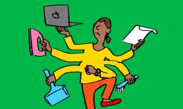 Illustration showing a woman with six arms holding tools including a laptop, an iron, a dustpan and brush and a piece of paper