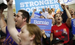 Supporters for Democratic presidential candidates Hillary Clinton and Sen. Bernie Sanders, I-Vt. cheer before a rally in Portsmouth, N.H., Tuesday, July 12, 2016, prior to the arrival of Clinton and Sanders. Sanders is poised to offer his long-awaited endorsement of Clinton, hoping to transfer the energy of his supporters into the party’s fight against Republican Donald Trump. (AP Photo/Andrew Harnik)