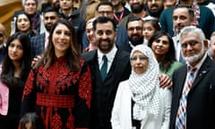 Humza Yousaf Is Sworn In As Scotland's First Minister<br>EDINBURGH, SCOTLAND - MARCH 28: Newly elected leader of the Scottish National Party Humza Yousaf poses with his family, including his wife Nadia El-Nakla (L) at the Scottish Parliament on March 28, 2023 in Edinburgh, Scotland. Humza Yousaf was elected as the new leader of the Scottish National Party yesterday after Nicola Sturgeon resigned in February. (Photo by Jeff J Mitchell/Getty Images)