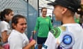 Ash Barty meets students from the South West Indigenous Network before a Fed Cup practice session.