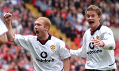 Paul Scholes, left, celebrating a Manchester United goal with Ole Gunnar Solskjær in 2002.