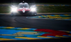 The Toyota of Sebastien Buemi, Kazuki Nakajima and Fernando Alonso during a qualifying session at Le Mans