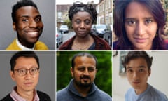 Composite: shortlist for the 2017 Guardian 4th Estate BAME Short Story Prize. Clockwise from top left: Jimi Famurewa, Lisa Smith, Avani Shah, Henry Wong, Arun Das and Kit Fan