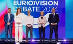 From left, lead candidates for the European Parliament elections, Sandro Gozi, for Renew Europe Now, Terry Reintke for the European Greens, Walter Baier, for the European Left, European Commission President Ursula von der Leyen, for the European People's Party, and Nicolas Schmit, for the Party of European Socialists.