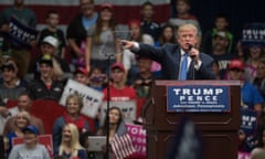 Republican Presidential Nominee Donald Trump Campaigns In Johnstown, Pennsylvania<br>JOHNSTOWN, PA - OCTOBER 21: Republican presidential nominee Donald Trump points to the crowd during a campaign stop at the Cambria County War Memorial Arena on October 21, 2016 in Johnstown, Pennsylvania. Trump and Democratic presidential nominee Hillary Clinton continue to campaign as Election Day nears. (Photo by Justin Merriman/Getty Images)