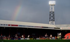 A rainbow starts to form behind the main stand at Blundell Park during the pre-season friendly between Grimsby Town and Lincoln City