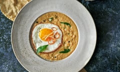 Crispy fried eggs with coconut curry and coriander sambol by Ravinder Bhogal. Food styling: Livia Abraham. Prop styling: Pene Parker.