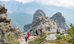 Trekking on the GR20 in Corsica near the Aiguilles de Bavella hiking towards Refuge d'Asinao, Corsica, France, Mediterranean, Europe<br>RFWTKD Trekking on the GR20 in Corsica near the Aiguilles de Bavella hiking towards Refuge d'Asinao, Corsica, France, Mediterranean, Europe