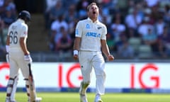 New Zealand’s Neil Wagner celebrates after taking the wicket of Dan Lawrence.