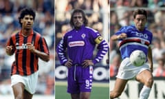 AC Milan’s Frank Rijkaard in August 1988, Fiorentina’s Gabriel Batistuta in January 1999 and Sampdoria’s Roberto Mancini in August 1990. Photographs by Getty Images, PA and Rex Shutterstock. Composite
Jim Powell