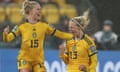 Sweden’s Amanda Ilestedt celebrates her goal with teammate Rebecka Blomqvist.