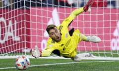 Matt Turner tries to save a penalty while playing for New England Revolution goalkeeper against New York City last November