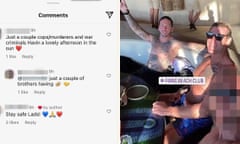 Screenshot of an Instagram photo showing Zachary Rolfe (top) and Ben Roberts-Smith (middle) at Finns Beach Club in Bali and another Instagram post and a further screenshot of comments made subsequently under the post.