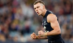 Blues star Patrick Cripps celebrates a goal in the round 22 victory over the Demons at Melbourne Cricket Ground.