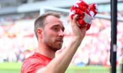 Christian Eriksen thanks Brentford fans after the final Premier League game of last season.