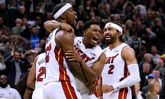 The Heat celebrate after eliminating the top-seeded Bucks from the NBA playoffs on Wednesday night.