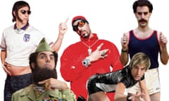 Sacha Baron Cohen, from left, in Grimsby, The Dictator, Ali G, Brüno and Borat.