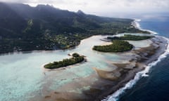 Aerial of motus in Muri Lagoon.<br>Rarotonga, Southern Group, Cook Islands, Pacific