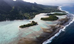 Aerial of motus in Muri Lagoon.Rarotonga, Southern Group, Cook Islands, Pacific