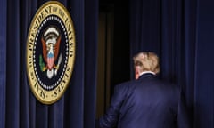 Donald Trump leaves after a speech at the of the Eisenhower Executive Office Building in Washington.