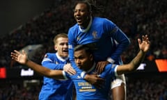 Alfredo Morelos celebrates after his double seals victory for Rangers against Sparta Prague