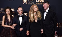 Lawrence Ho and his wife, Sharen Lo Shau Yan, with Mariah Carey and James Packer at the opening ceremony of the Studio City casino in Macau