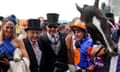 Trainer Aidan O'Brien (centre) and Ryan Moore (right) celebrate winning the Derby with Auguste Rodin.