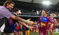 Brisbane Lions players take to the field during the prelim final win over Geelong at Brighton Homes Arena