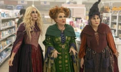 This image released by Disney shows, from left, Sarah Jessica Parker as Sarah Sanderson, Bette Midler as Winifred Sanderson, and Kathy Najimy as Mary Sanderson in "Hocus Pocus 2." (Matt Kennedy/Disney via AP)