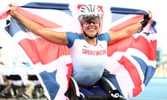 Hannah Cockcroft of Great Britain celebrates winning the Women’s 100m T34 final at the World Para-Athletics Championships in Dubai.