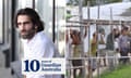 Composite of Behrouz Boochani with men in detention on Manus Island