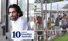 Composite of Behrouz Boochani with men in detention on Manus Island