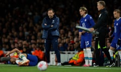 Frank Lampard looks on as César Azpilicueta lies injured during Chelsea’s defeat at Arsenal on Tuesday.